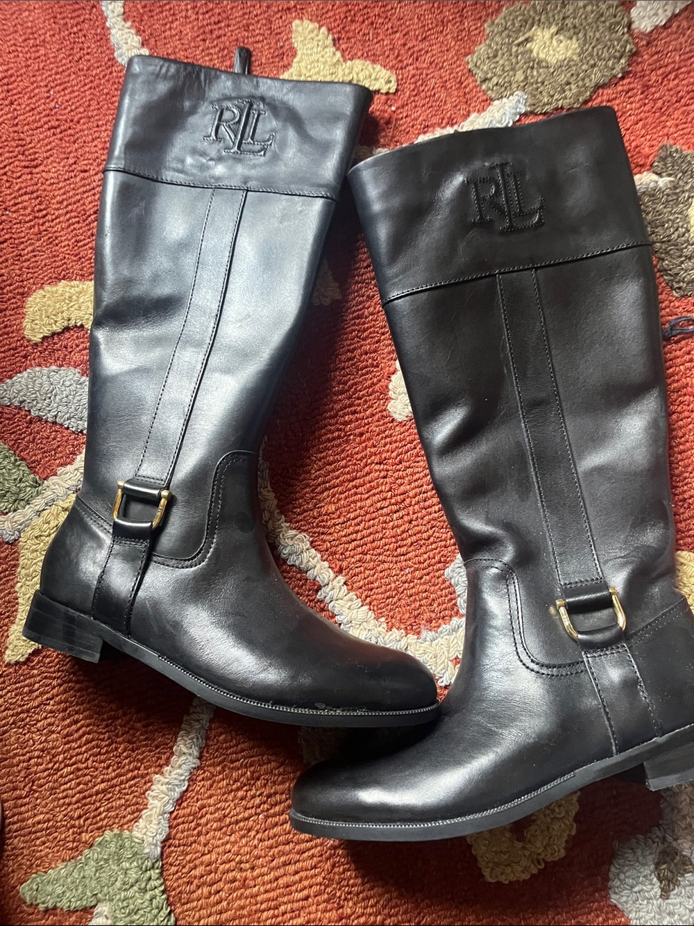 Ralph Lauren Black Leather Tall Riding Boots with Buckle Detail